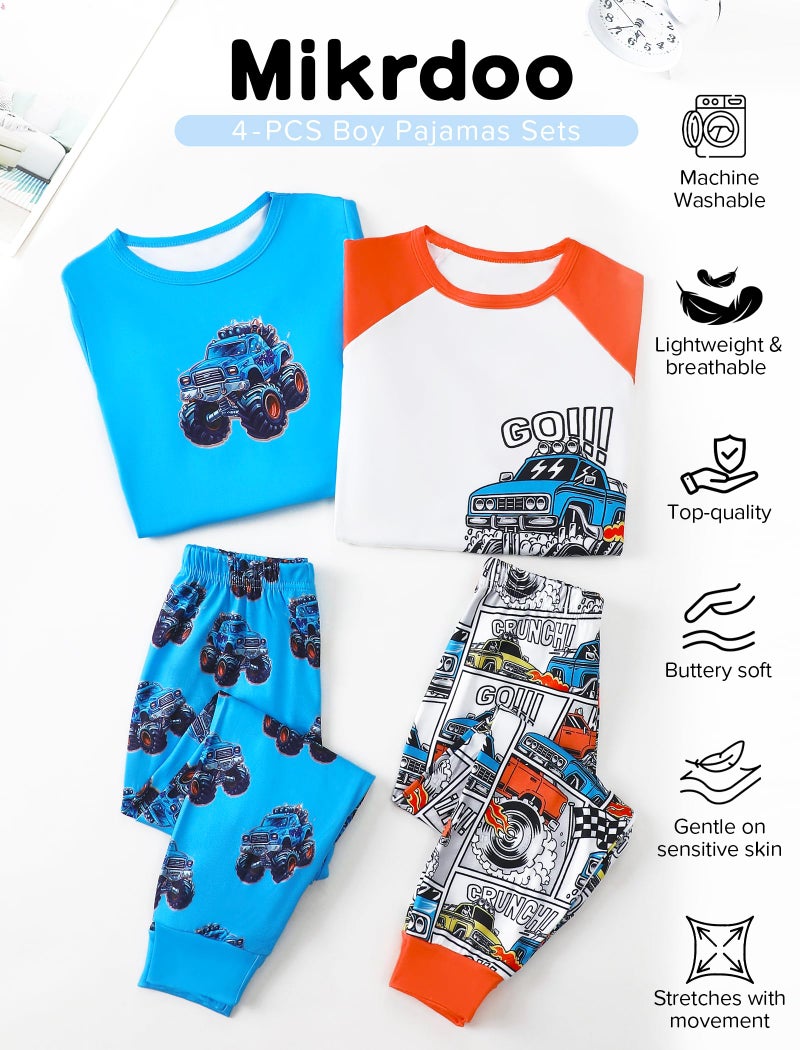 Mikrdoo Boys Pajamas Size 6 Long Sleeve Breathable and Soft 4-Piece Sleepwear for Kids, Orange&Blue Truck - Image 3