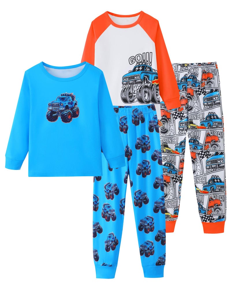 Mikrdoo Boys Pajamas Size 6 Long Sleeve Breathable and Soft 4-Piece Sleepwear for Kids, Orange&Blue Truck - Image 1
