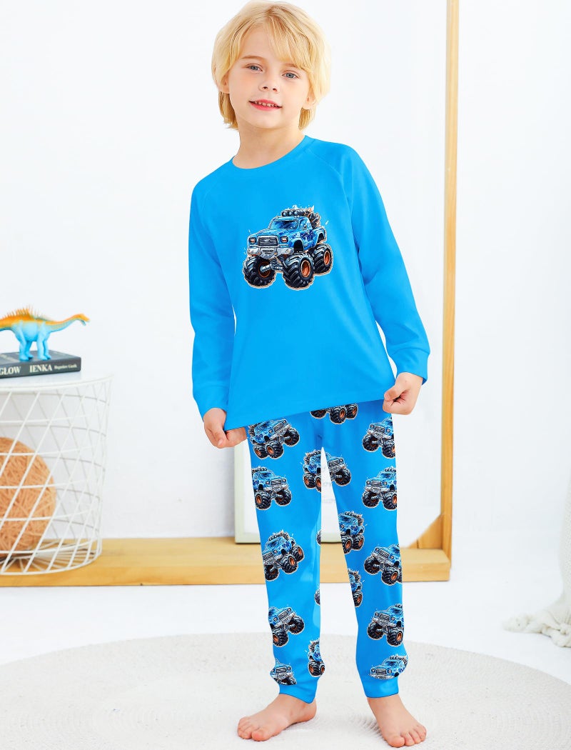 Mikrdoo Boys Pajamas Size 6 Long Sleeve Breathable and Soft 4-Piece Sleepwear for Kids, Orange&Blue Truck - Image 2