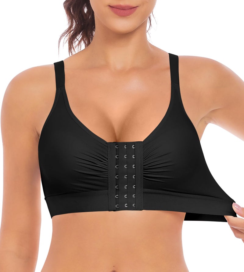 EUYZOU Post Surgery Compression Bras for Women Front Closure Mastectomy Surgical Bras Wireless with Adjustable Straps, Black L - Image 1