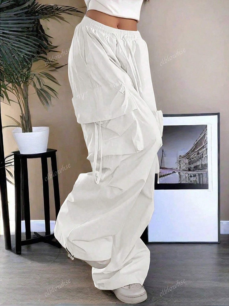 Retro Cargo Pants For Women, Loose And Fashionable Straight Pockets, Elastic Drawstring Floor-Length Wide-Leg Long Pants - Image 2