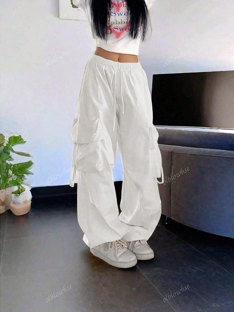 Retro Cargo Pants For Women, Loose And Fashionable Straight Pockets, Elastic Drawstring Floor-Length Wide-Leg Long Pants - Image 4