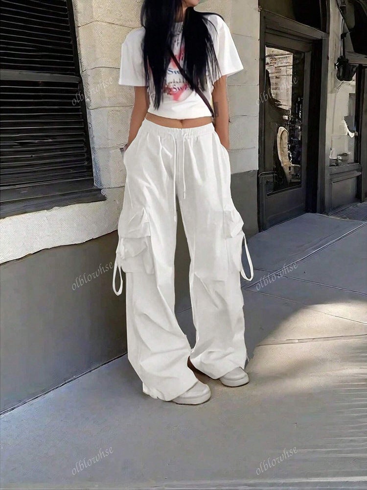Retro Cargo Pants For Women, Loose And Fashionable Straight Pockets, Elastic Drawstring Floor-Length Wide-Leg Long Pants - Image 5