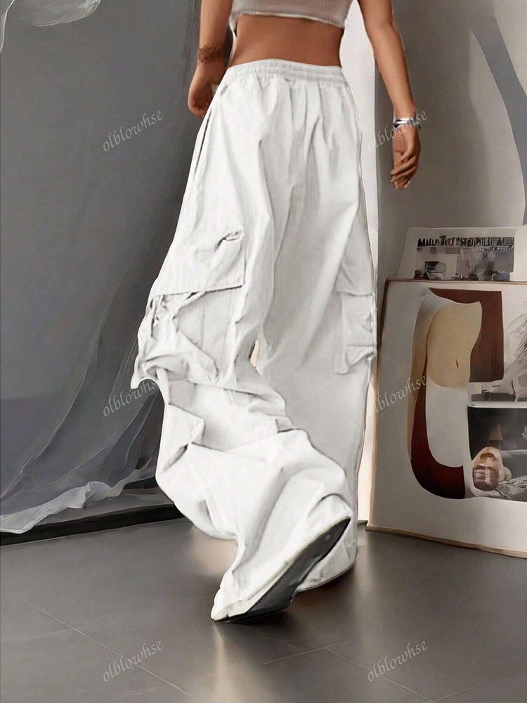 Retro Cargo Pants For Women, Loose And Fashionable Straight Pockets, Elastic Drawstring Floor-Length Wide-Leg Long Pants - Image 3