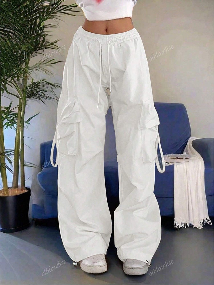 Retro Cargo Pants For Women, Loose And Fashionable Straight Pockets, Elastic Drawstring Floor-Length Wide-Leg Long Pants - Image 1