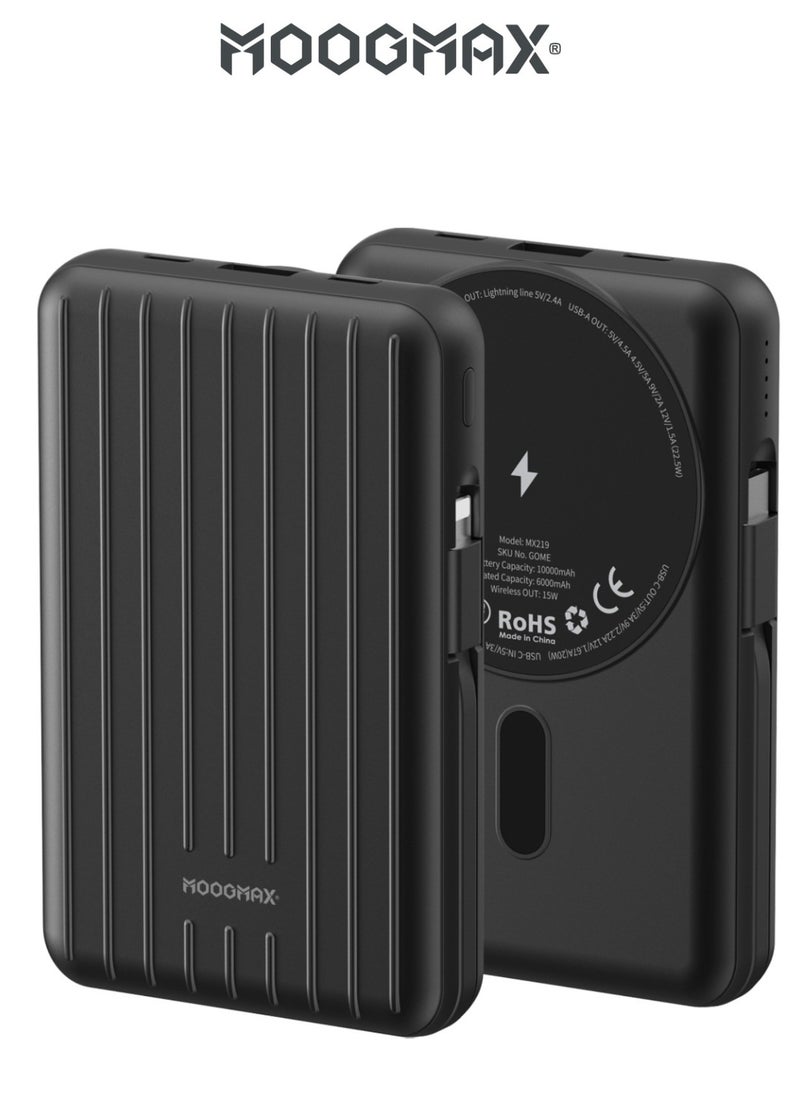 MOOGMAX Trunk power bank 10000 mAh. Small magnetic wireless powerbank. magsafe power bank with 3 ports (USB & Type-C PD & Lightning). portable charger with built-in fabric charging cables (Type-C & Lightning for iPhone).wireless power bank fast charging with 15W wireless charging & 22.5W for ports & cables. Black  - Image 1