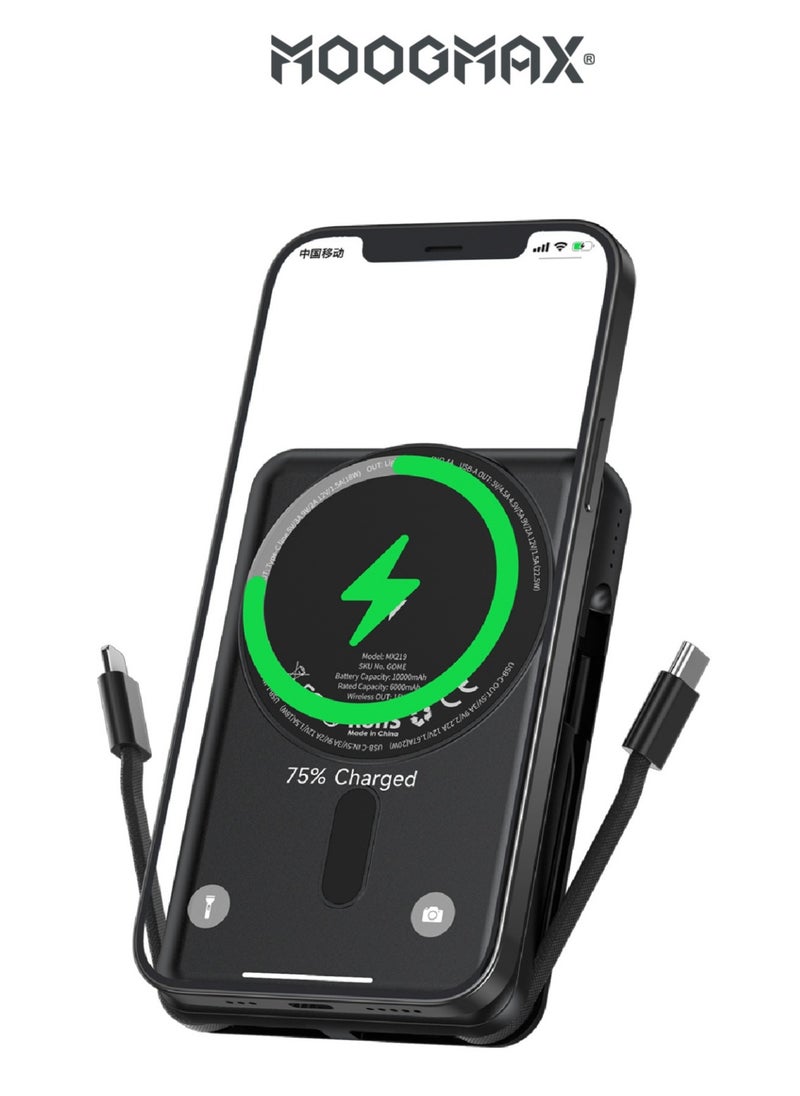 MOOGMAX Trunk power bank 10000 mAh. Small magnetic wireless powerbank. magsafe power bank with 3 ports (USB & Type-C PD & Lightning). portable charger with built-in fabric charging cables (Type-C & Lightning for iPhone).wireless power bank fast charging with 15W wireless charging & 22.5W for ports & cables. Black  - Image 2