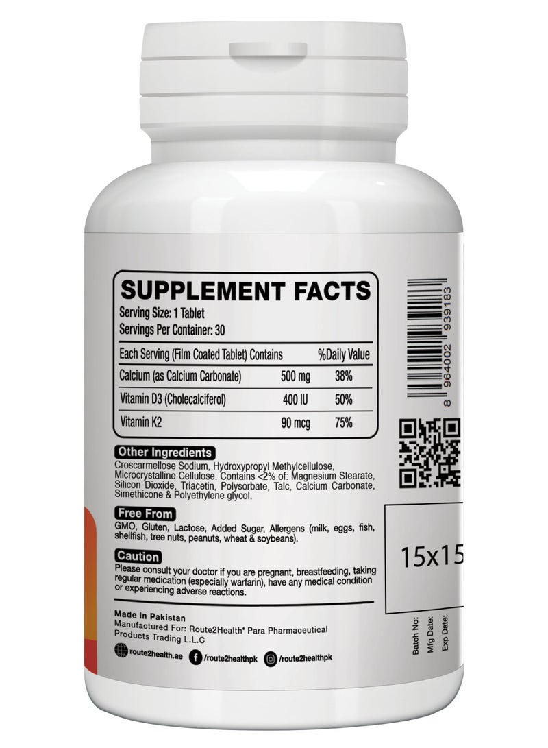 Route2Health Route 2 Health Calcium 500 mg with Vitamin D3 and K2 – Bone and Teeth Support – 30 Tablets – Daily Calcium Supplement with 500 mg Calcium, 400 IU D3, and 90 mcg K2 - Image 3