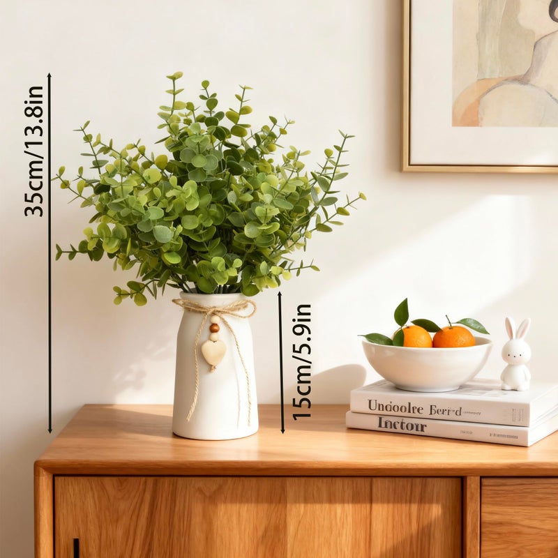 CANCLEAR Artificial Eucalyptus Plant in White Ceramic Vase, 14" Tall Faux Eucalyptus Arrangement with Twine Bow & Wooden Heart Charm, Full Greenery for Home Decor, Table Centerpiece, Shelf & Office Decoration - Image 4