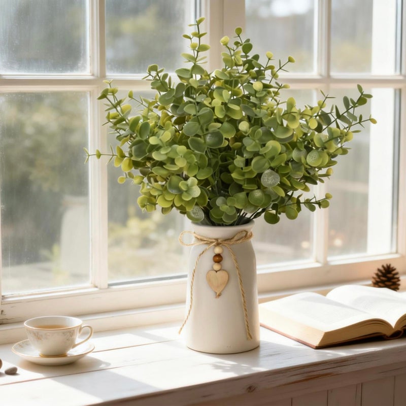 CANCLEAR Artificial Eucalyptus Plant in White Ceramic Vase, 14" Tall Faux Eucalyptus Arrangement with Twine Bow & Wooden Heart Charm, Full Greenery for Home Decor, Table Centerpiece, Shelf & Office Decoration - Image 5