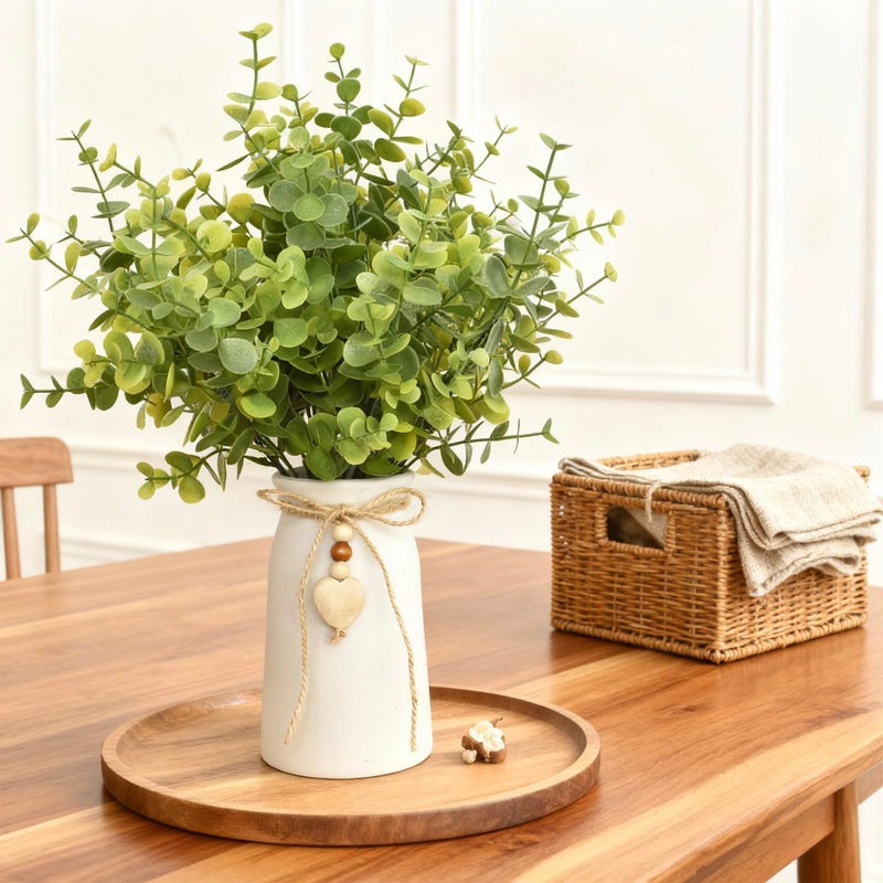CANCLEAR Artificial Eucalyptus Plant in White Ceramic Vase, 14" Tall Faux Eucalyptus Arrangement with Twine Bow & Wooden Heart Charm, Full Greenery for Home Decor, Table Centerpiece, Shelf & Office Decoration - Image 2