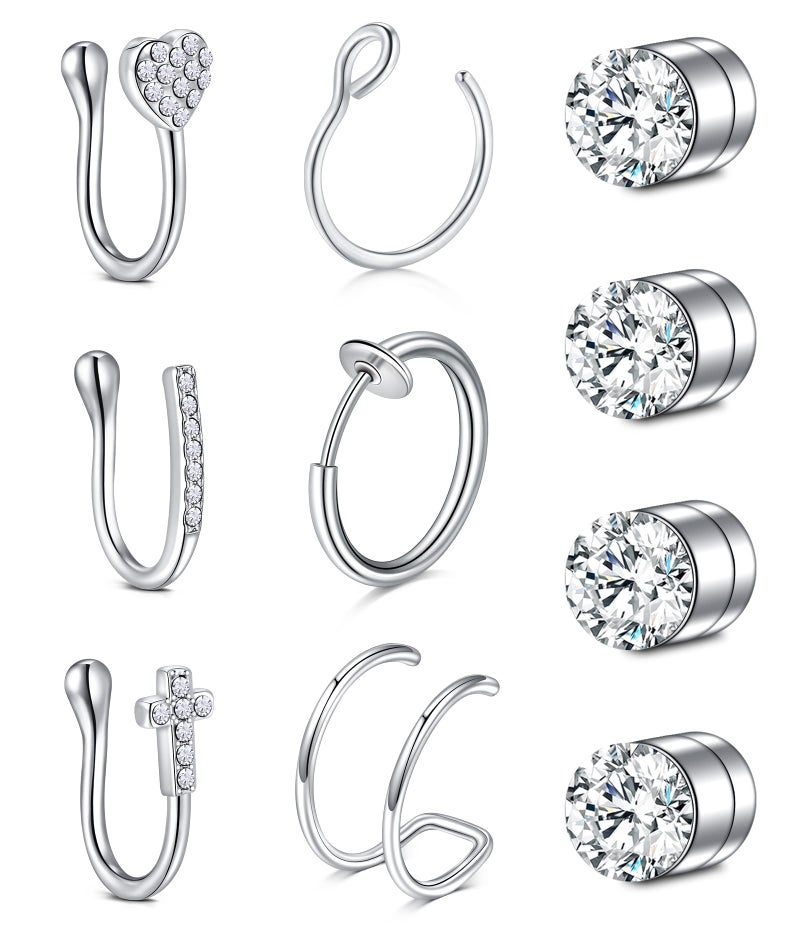 VCMART Fake Nose Ring Stainless Steel Fake Nose Rings for Women Fake Nose Ring Piercing Non Pierced Clip On Faux Nose Rings Piercing Fake Piercings Jewelry Silver - Image 1