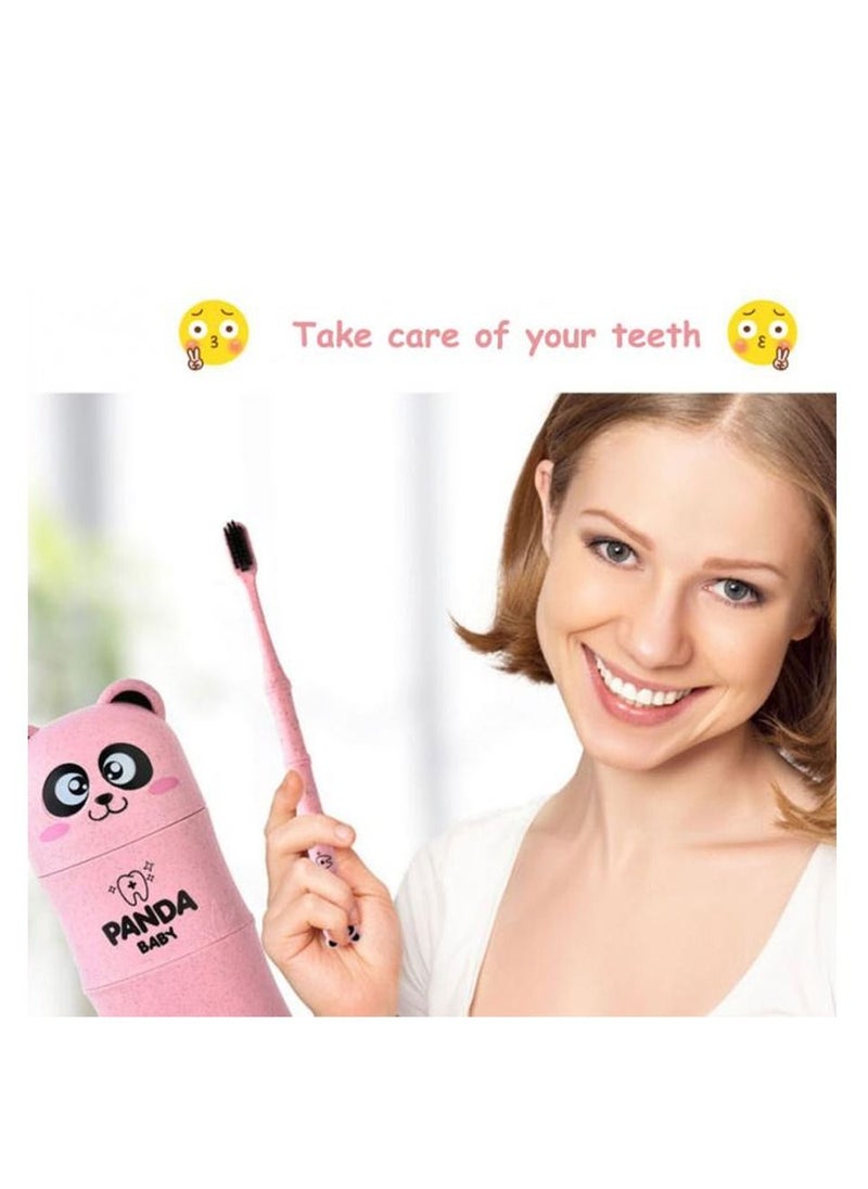 Brain Giggles Brain Giggles Panda Pattern Toothbrush Toothpaste Case Wheat Straw Portable Cup Holder for Kids Travel Home Used - Beige  - Image 4