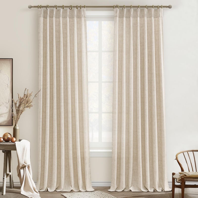 PleatedDrapes Living Room Semi Sheer Curtains 90 Inches Long 2 Panels Set, Natural Thick Linen Pinch Pleated Curtains Taupe Country Rustic Light Filtering Drape with Hooks Ceiling Track for 88inch Window W40 xL90 - Image 1