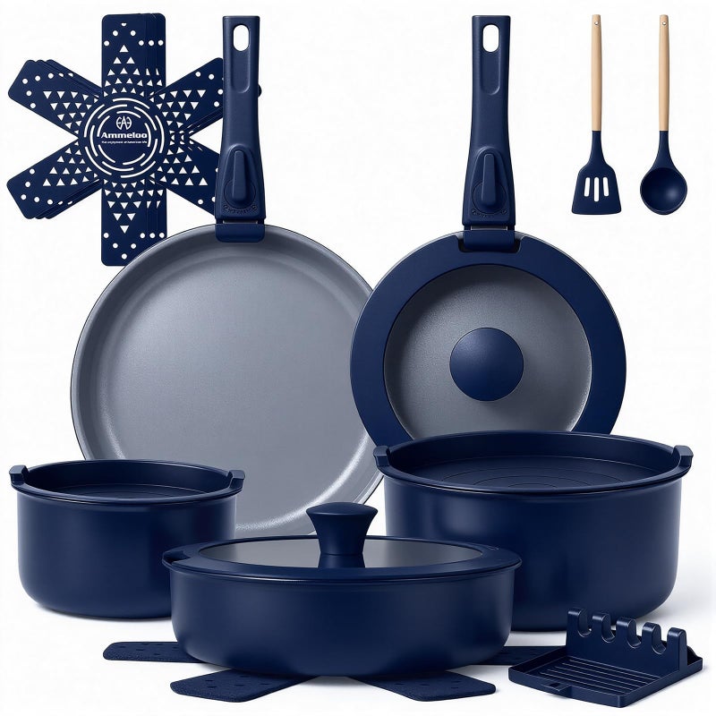 Ammeloo 18-Piece Ceramic Pots and Pans Set Non Stick, Non Toxic Cookware Set with Removable Handles, Pot Sets for Cooking, Induction Ready, Dishwasher & Oven Safe, PFAS PFOA & PTFE Free (Navy Blue) - Image 1