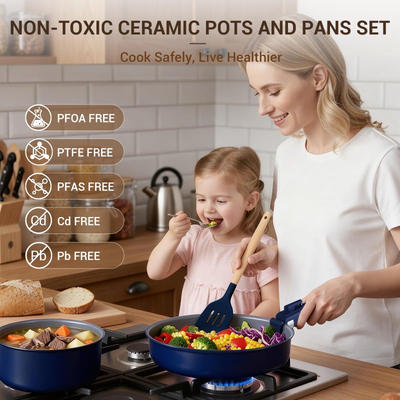 Ammeloo 18-Piece Ceramic Pots and Pans Set Non Stick, Non Toxic Cookware Set with Removable Handles, Pot Sets for Cooking, Induction Ready, Dishwasher & Oven Safe, PFAS PFOA & PTFE Free (Navy Blue) - Image 2