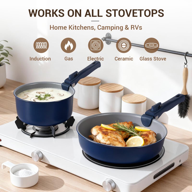 Ammeloo 18-Piece Ceramic Pots and Pans Set Non Stick, Non Toxic Cookware Set with Removable Handles, Pot Sets for Cooking, Induction Ready, Dishwasher & Oven Safe, PFAS PFOA & PTFE Free (Navy Blue) - Image 5