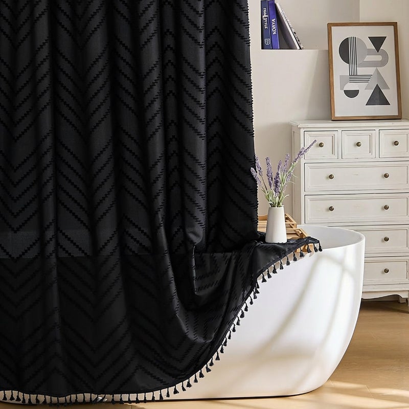 Siiluminisoy Black Boho Shower Curtain Fabric Dark Shower Curtain for Bathroom Tufted Chevron Striped Modern Shower Curtains 72 x 72