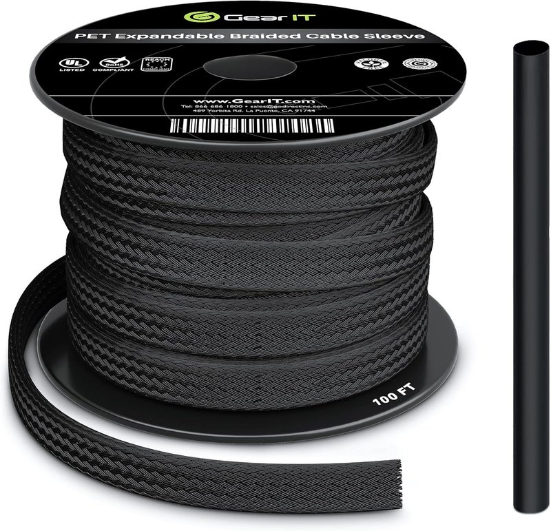 GearIT (100ft, 1/4 Inch) PET Expandable Cable Management Sleeve Wire Loom Cord Cover for USB Cable, Power Cord, Audio Video Cable and More - Black - Image 1