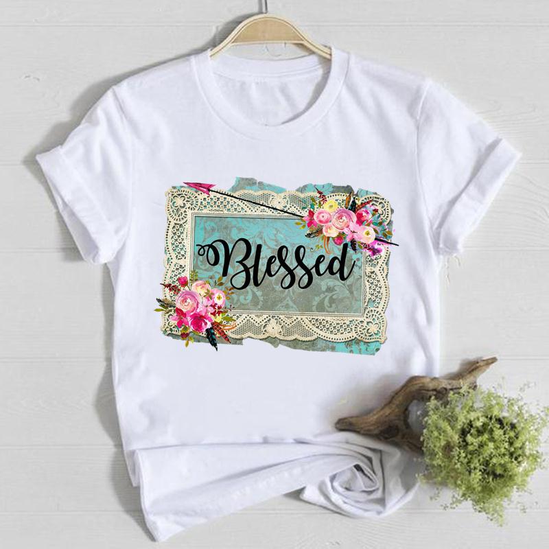 Horticultural Flowers Personality Pattern Round Neck Printed White T-Shirt Short Sleeve Women'S Wish/ - Image 1