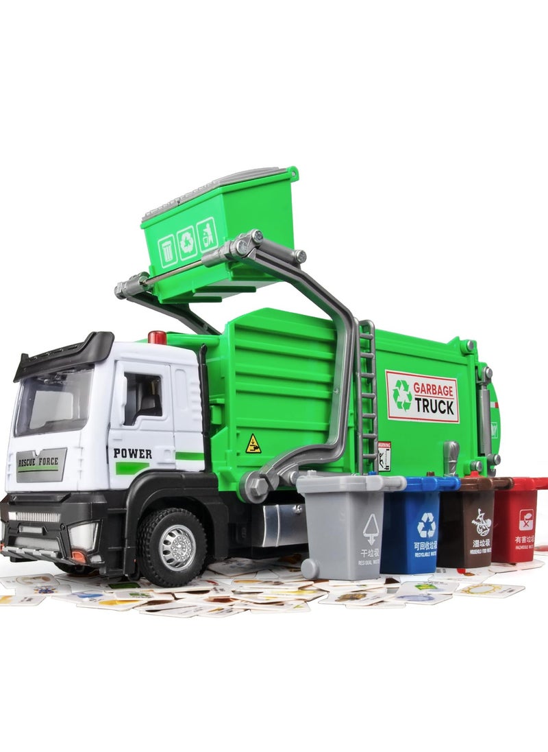 XiuWoo Garbage Truck Toys for Kids,Garbage Truck Metal Diecast Cab,Pull Back Garbage Truck Toy with Lights and Sounds,Recycling Truck Toy with Trash Cans and Bins,Garbage Trucks  - Image 1