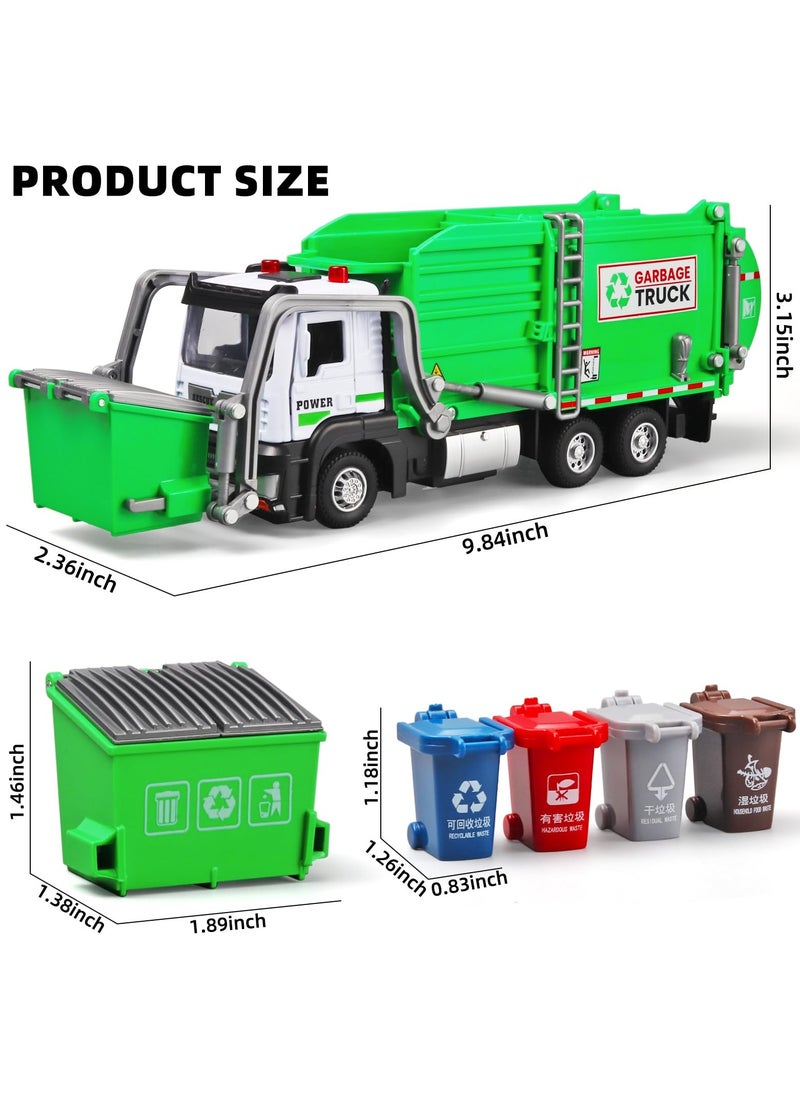 XiuWoo Garbage Truck Toys for Kids,Garbage Truck Metal Diecast Cab,Pull Back Garbage Truck Toy with Lights and Sounds,Recycling Truck Toy with Trash Cans and Bins,Garbage Trucks  - Image 3