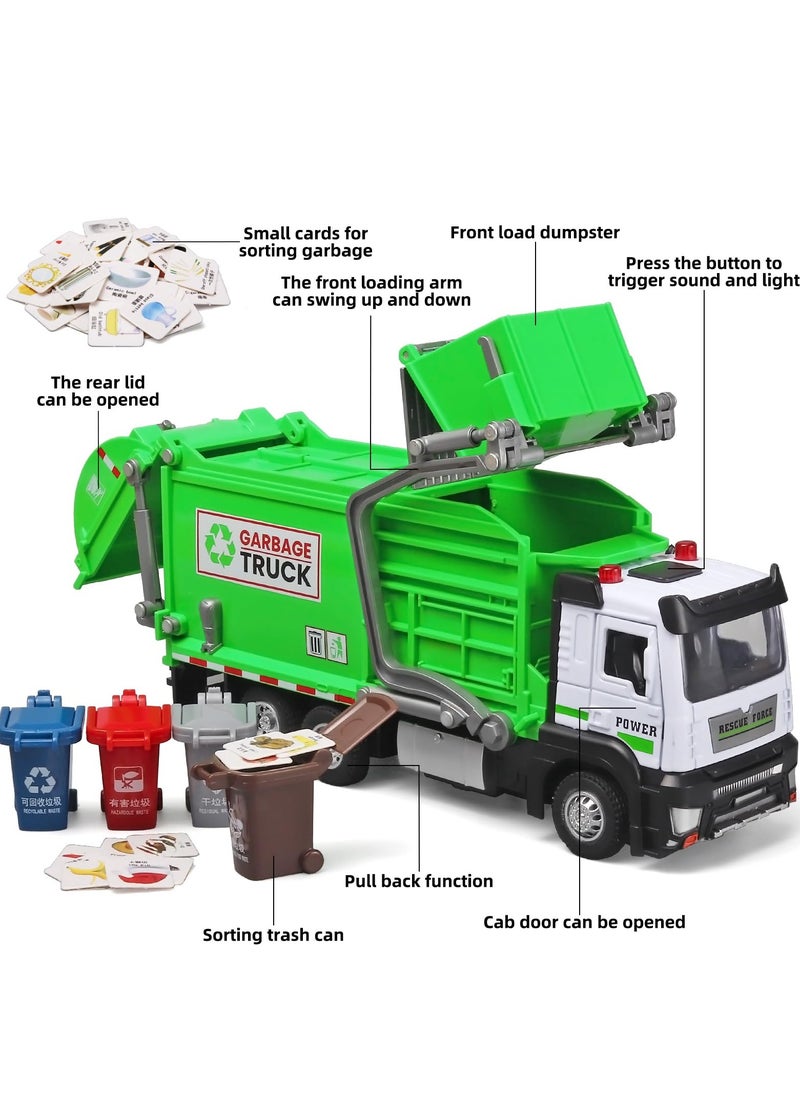 XiuWoo Garbage Truck Toys for Kids,Garbage Truck Metal Diecast Cab,Pull Back Garbage Truck Toy with Lights and Sounds,Recycling Truck Toy with Trash Cans and Bins,Garbage Trucks  - Image 4
