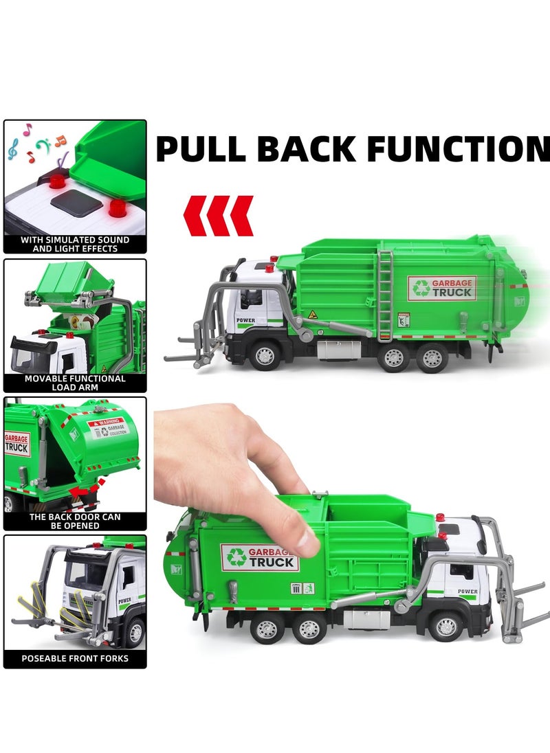 XiuWoo Garbage Truck Toys for Kids,Garbage Truck Metal Diecast Cab,Pull Back Garbage Truck Toy with Lights and Sounds,Recycling Truck Toy with Trash Cans and Bins,Garbage Trucks  - Image 5