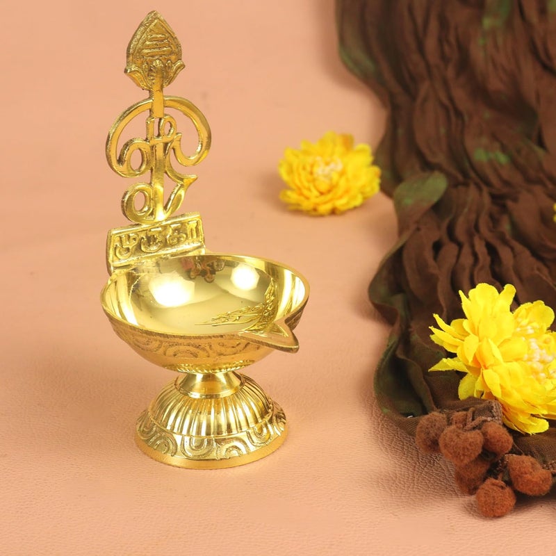 Spillbox Traditional Brass Diya for PujaPooja AartiArti Deepak Deepam Oil Lamp for Home Temple Puja Articles Decor GiftsWeight165g Height6inch Om Muruga Diya with Stand