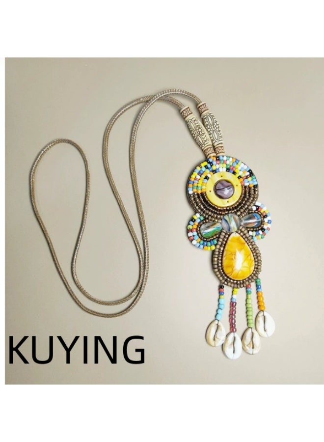 KUYING Natural Shell Ink Marble Handmade Long Necklace Sweater Chain