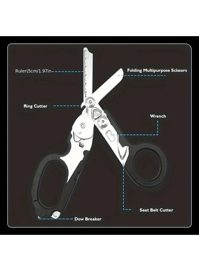 Black 2pcs Tactical Scissors and Sheath Combo Portable Folding EDC Tools Stainless Steel Multi Function Utility Scissors - Image 4