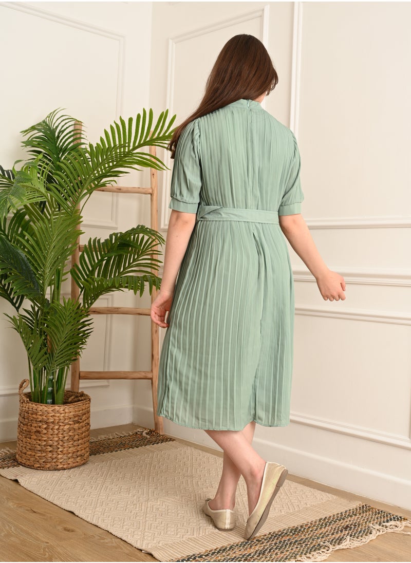 FULL JOY - An  elegant and Beautiful Girls' Dress with belt on waist  , Green - Image 1