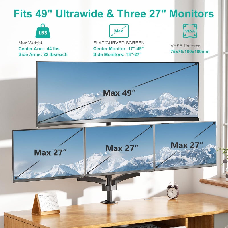 WALI 4 Monitor Mount for up to 49 inch Ultrawides on Top Bracket and 27 inch Screens on Lower Brackets, Heavy Duty Gas Spring Arm Extra Tall Quad Monitor Stand, up to 44 lbs (GSDM004S-P), Black - Image 2