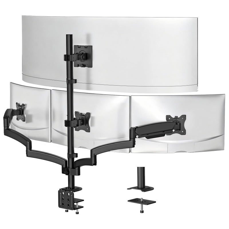 WALI 4 Monitor Mount for up to 49 inch Ultrawides on Top Bracket and 27 inch Screens on Lower Brackets, Heavy Duty Gas Spring Arm Extra Tall Quad Monitor Stand, up to 44 lbs (GSDM004S-P), Black - Image 1