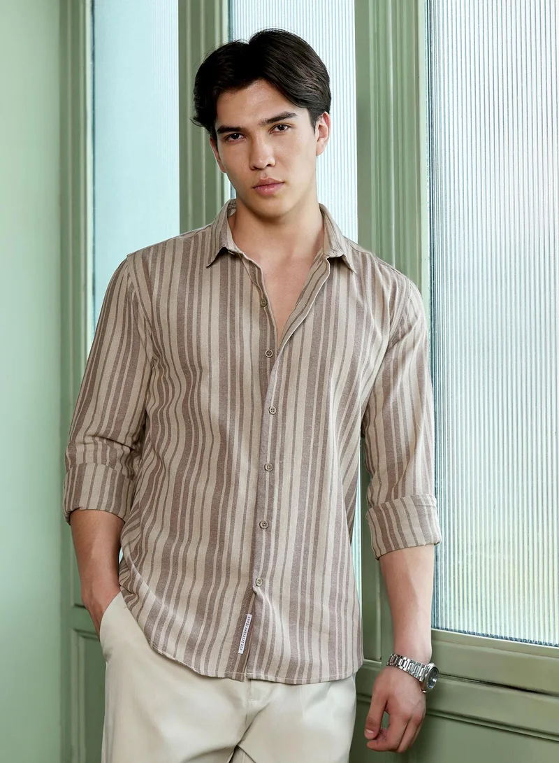 CAHOOT Men's Beige Stripes Regular Shirt For Casual Wear | Collared Neck | Long Sleeve | Button Closure | Cotton Shirt Crafted With Comfort Fit For Everyday Wear