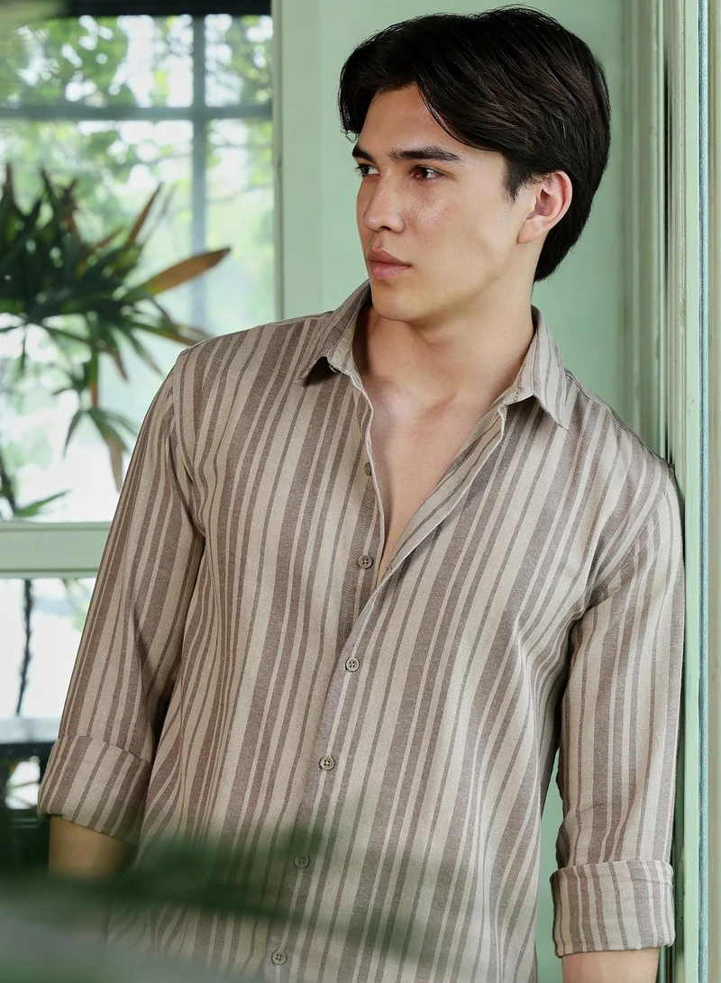 CAHOOT Men's Beige Stripes Regular Shirt For Casual Wear | Collared Neck | Long Sleeve | Button Closure | Cotton Shirt Crafted With Comfort Fit For Everyday Wear