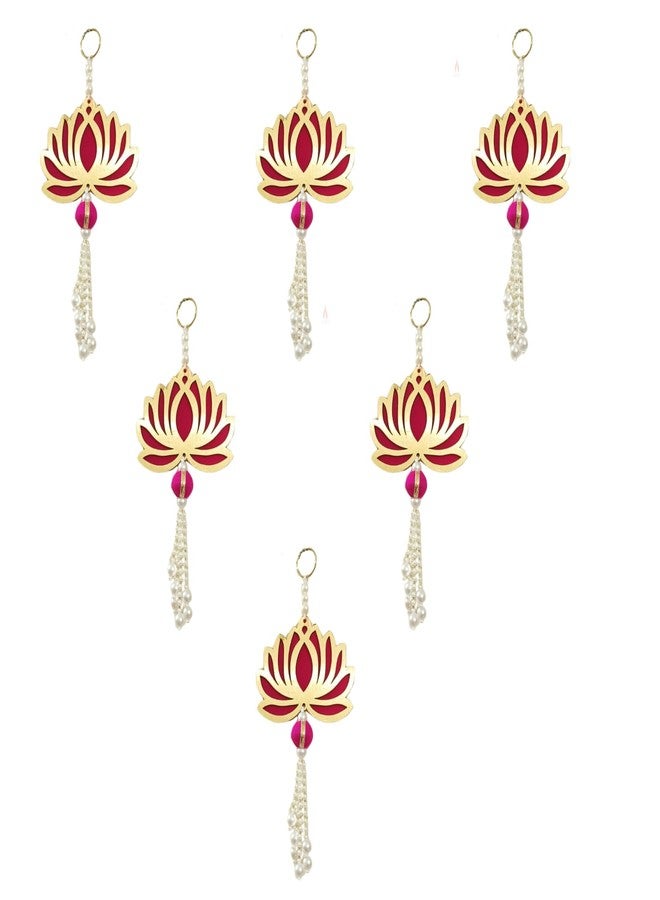 Agnirva Handmade Wall Decor Lotus with Pearl Ball Style Hanging for Home Decor,Diwali Decor,Wedding and All Festival Decor (6 Pcs, Pink/Raani) Export Quality Lotus Perfect for Temple/Pooja Décor - Image 1