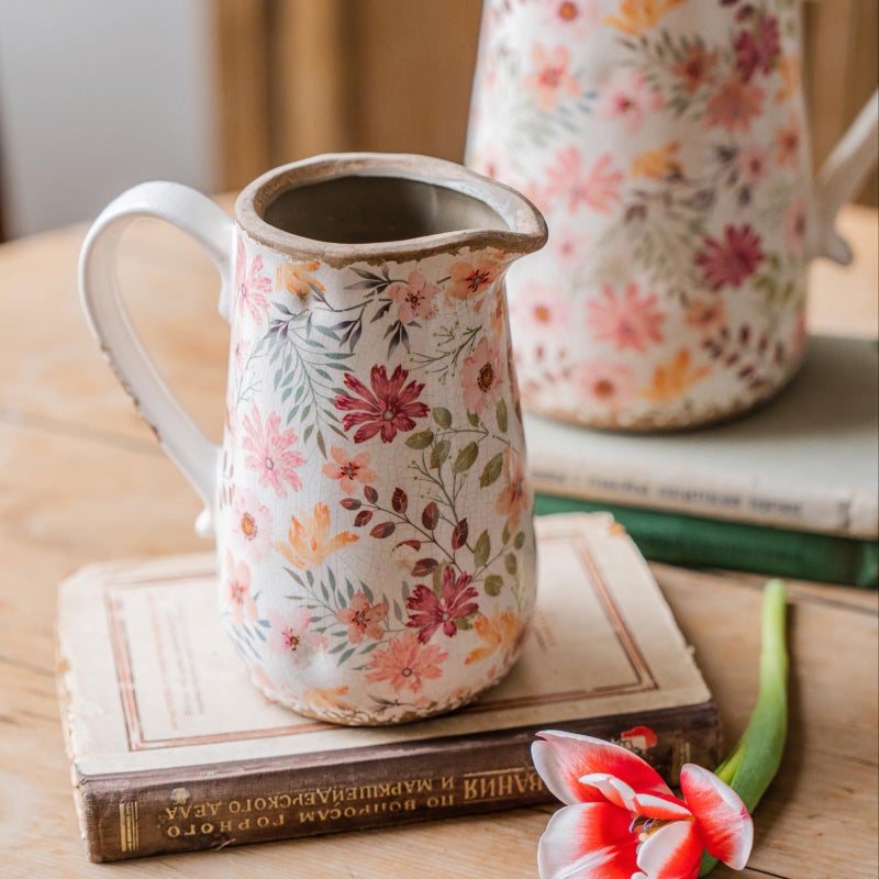 Teweiqi Vintage Colorful Daisy Flora Ceramic Vase with Handle, Retro Ice Glazed Crack Farmhouse Pitcher Vase for Home Decor, Living Room, Shelf, Office, Rustic Table Centerpiece 7 Inch - Image 1