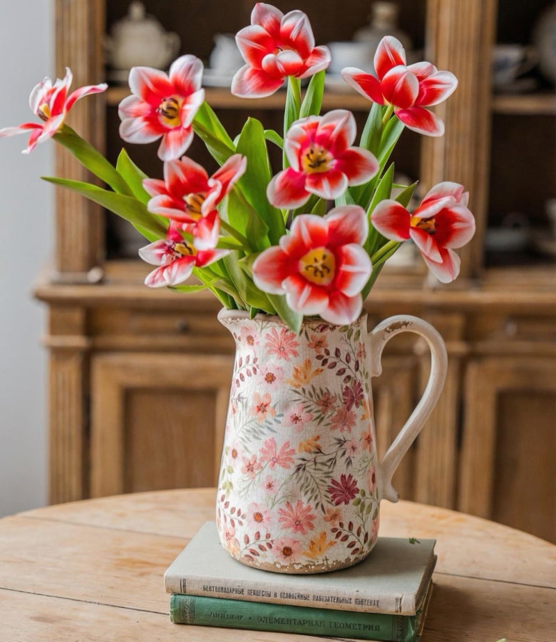 Teweiqi Vintage Colorful Daisy Flora Ceramic Vase with Handle, Retro Ice Glazed Crack Farmhouse Pitcher Vase for Home Decor, Living Room, Shelf, Office, Rustic Table Centerpiece 7 Inch - Image 2