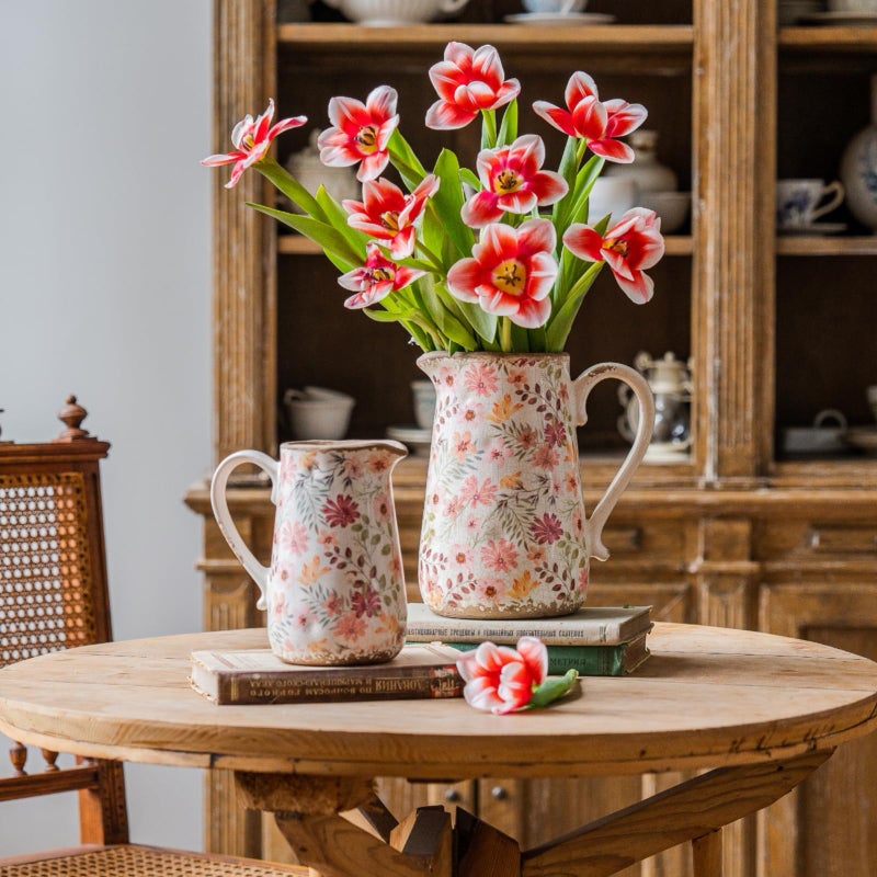 Teweiqi Vintage Colorful Daisy Flora Ceramic Vase with Handle, Retro Ice Glazed Crack Farmhouse Pitcher Vase for Home Decor, Living Room, Shelf, Office, Rustic Table Centerpiece 7 Inch - Image 3