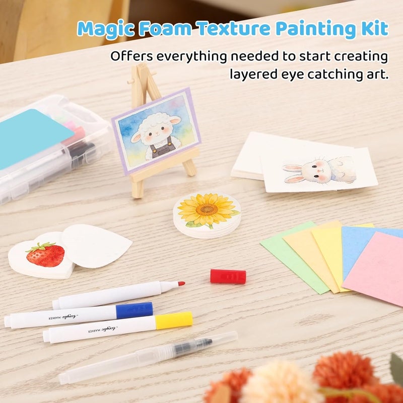 59 Pcs Magic Foam Texture Painting Kit, 3D Craft Supplies for Imaginative DIY Bubble Art, Includes Foam Paint Paper, Acrylic Markers, Water Brushes, Bead Chains, Easel - Image 2