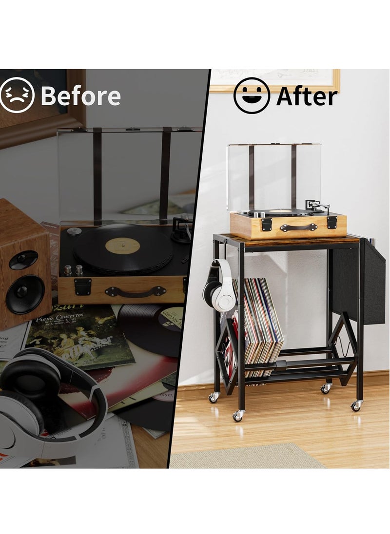 XiuWoo - 2-Tier Moveable Metal Wood End table, Side Table, Coffee table, Vinyl Record Player Stand Table, Home Storage Rack, Nightstand Table with Organizer Pocket and Wheels for Home office - Image 1