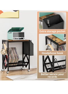 XiuWoo 2-Tier Moveable Metal Wood End table, Side Table, Coffee table, Vinyl Record Player Stand Table, Home Storage Rack, Nightstand Table with Organizer Pocket and Wheels for Home office  - Image 3