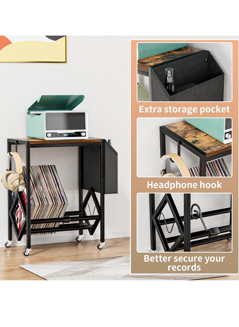 XiuWoo - 2-Tier Moveable Metal Wood End table, Side Table, Coffee table, Vinyl Record Player Stand Table, Home Storage Rack, Nightstand Table with Organizer Pocket and Wheels for Home office - Image 1