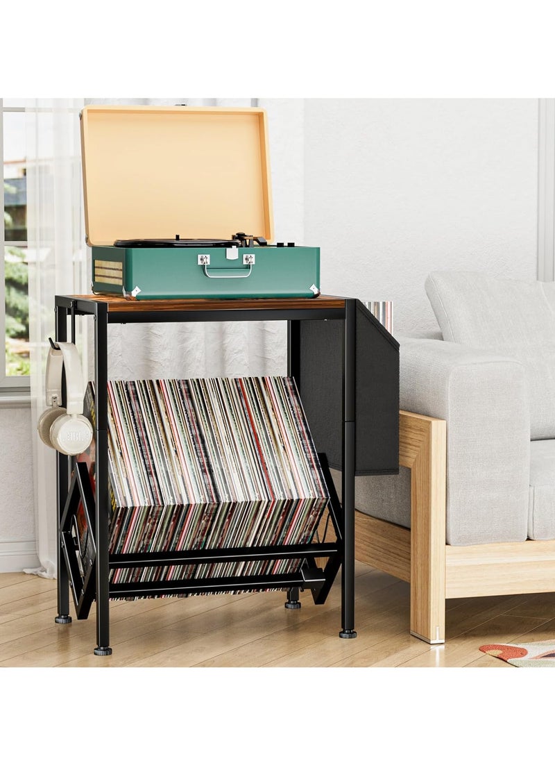 XiuWoo - 2-Tier Moveable Metal Wood End table, Side Table, Coffee table, Vinyl Record Player Stand Table, Home Storage Rack, Nightstand Table with Organizer Pocket and Wheels for Home office - Image 1