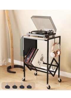 XiuWoo 2-Tier Moveable Metal Wood End table, Side Table, Coffee table, Vinyl Record Player Stand Table, Home Storage Rack, Nightstand Table with Organizer Pocket and Wheels for Home office  - Image 1