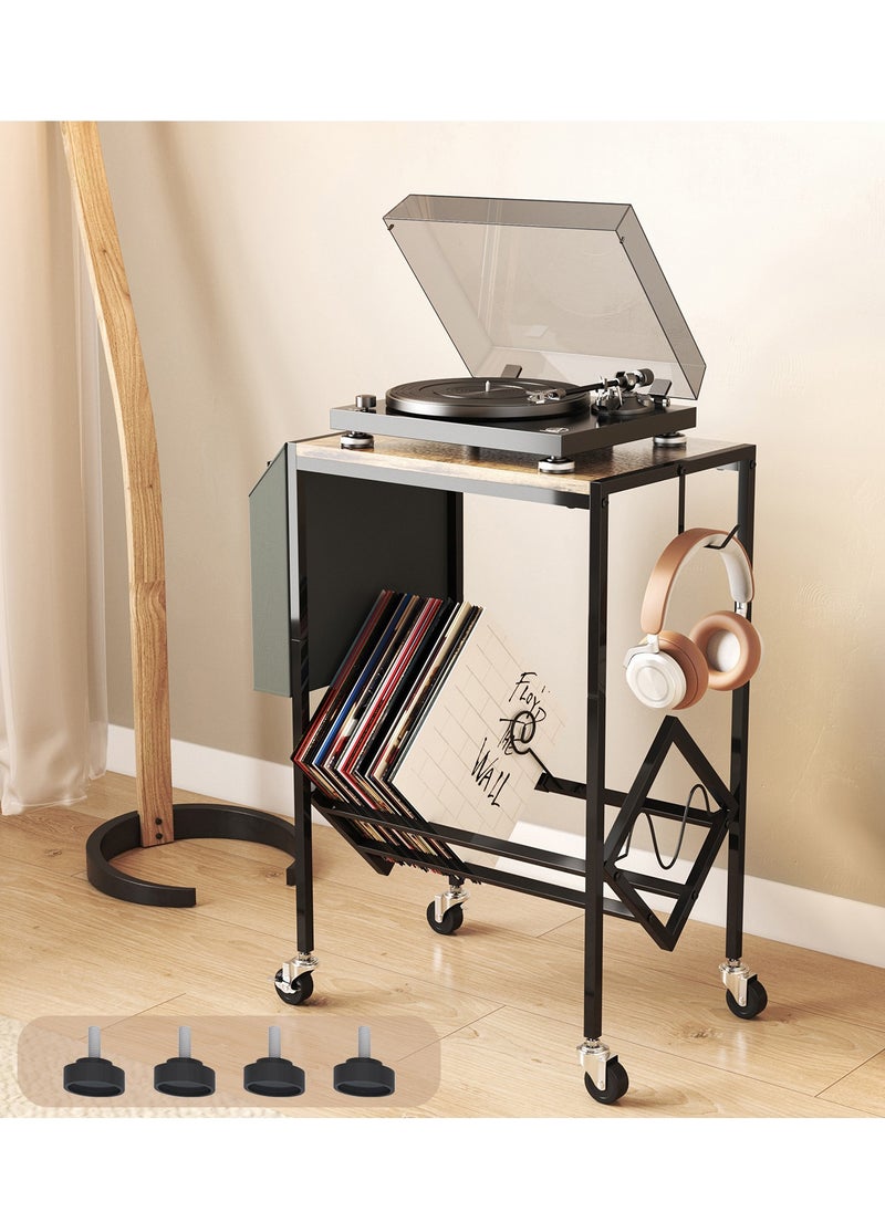 XiuWoo - 2-Tier Moveable Metal Wood End table, Side Table, Coffee table, Vinyl Record Player Stand Table, Home Storage Rack, Nightstand Table with Organizer Pocket and Wheels for Home office - Image 1