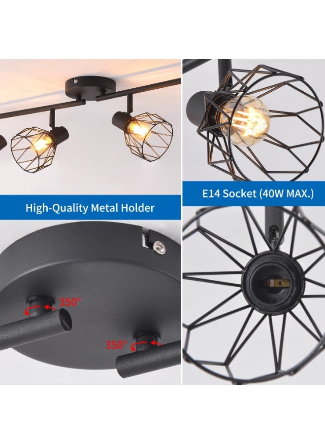 NANAO أضواء دافئة للمطبخ على السقف، 4 طرق أضواء جدارية صناعية سوداء - أضواء كشاف قابلة للتعديل مع قاعدة E14، تركيبات إضاءة للسقف للمطبخ وغرفة المعيشة (تشمل المصابيح) - Image 3