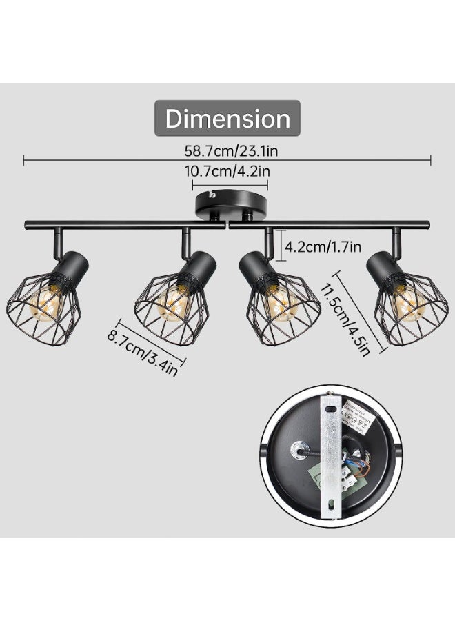 NANAO أضواء دافئة للمطبخ على السقف، 4 طرق أضواء جدارية صناعية سوداء - أضواء كشاف قابلة للتعديل مع قاعدة E14، تركيبات إضاءة للسقف للمطبخ وغرفة المعيشة (تشمل المصابيح) - Image 4