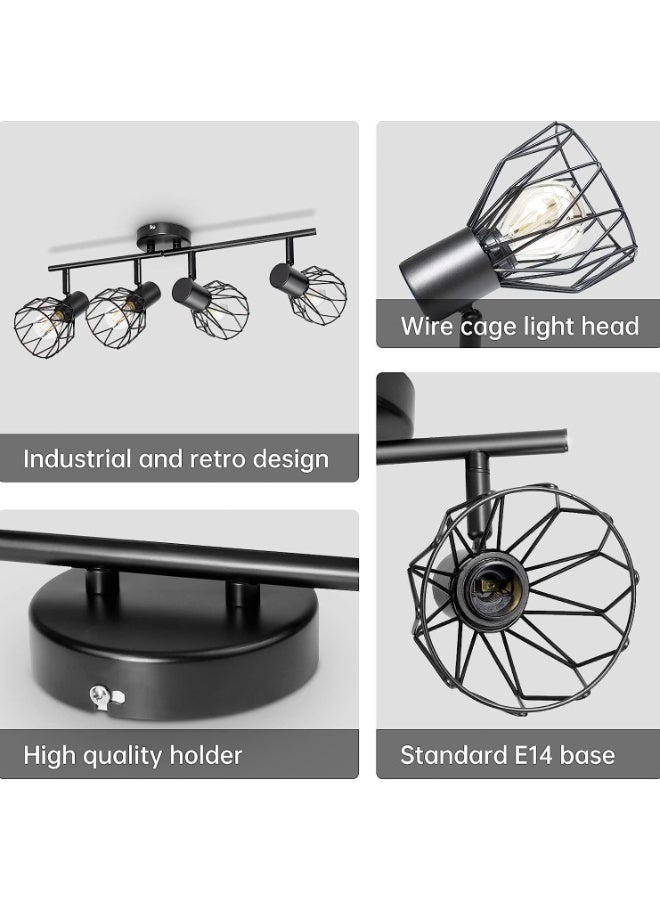 NANAO أضواء دافئة للمطبخ على السقف، 4 طرق أضواء جدارية صناعية سوداء - أضواء كشاف قابلة للتعديل مع قاعدة E14، تركيبات إضاءة للسقف للمطبخ وغرفة المعيشة (تشمل المصابيح) - Image 5